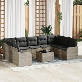10 részes kerti kanapé szett párnákkal, szürke poli rattan, 2 fős kerti kanapé párnákkal, világosszürke poli rattan