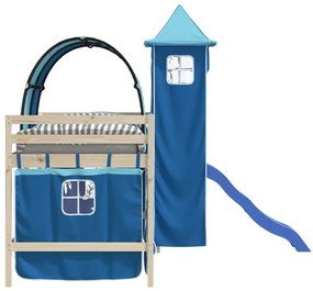 kék függönyök alagúttal és toronnyal ellátott tetőtéri ágyhoz