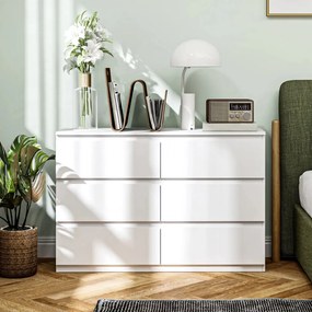 HOMCOM Fiókos komód 6 fiókos, modern tároló bútor hálószobába, forgácslap, fehér
