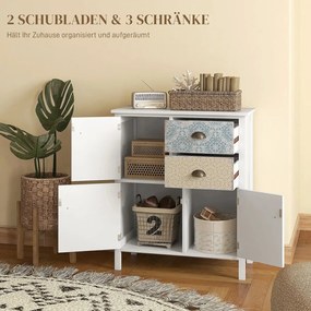 HOMCOM Tálalószekrény, shabby chic fiókos komód, 2 fiók, 3 szekrényrekesz, fenyőfa, fehér