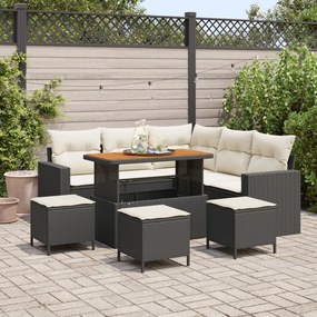 8 Részes Kerti Kanapé Szett Párnákkal Fekete Poly Rattan Akácia, 3 Részes Kerti Étkező Szett Párnákkal Fekete Poly Rattan Akácia