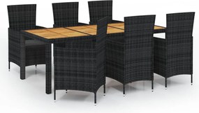 vidaXL 7 részes fekete polyrattan kültéri étkezőszett párnákkal