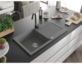 Mexen Leo, gránit mosogató 900x500x190 mm, 1 kamrás és fekete Telma csaptelep, szürke, 6501-71-670200-70