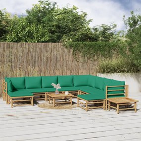 12 részes bambusz kerti ülőgarnitúra zöld párnákkal
