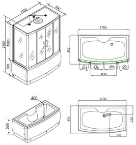 Emilia 85x170 cm hidromasszázs kádkabin elektronikával Black