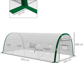 Outsunny 18m² Kerti Alagútház Paradicsom Üvegház 6L x 3W x 2H m - 8 Ablak, Felgombolható Cipzáras Ajtó - Horganyzott Acél Tubuláris Váz, Fehér Magas S