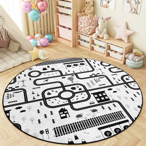 Fekete-fehér mosható gyerek játszószőnyeg ø150 cm In My Town – Mila Home