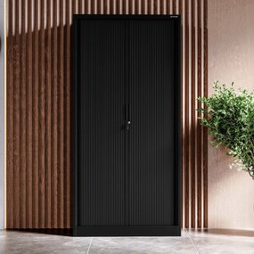 DAMIAN irodai fémszekrény harmonikaajtókkal, 900 x 1850 x 450 mm, fekete