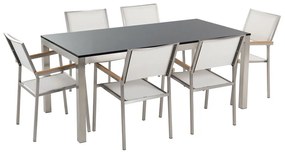 Hatszemélyes fekete égetett gránit étkezőasztal fehér székekkel GROSSETO Beliani