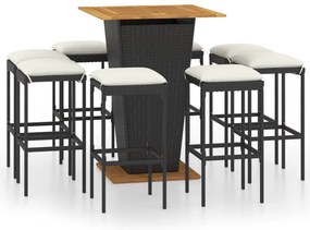 9 részes fekete polyrattan kerti bárszett párnákkal