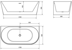 Mexen Oval, szabadon álló fali kád 170 x 80 cm, fehér, szálcsiszolt grafit túlfolyó, 52671708000-95