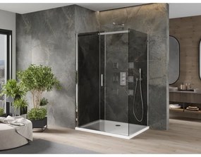 Mexen Omega, tolóajtós zuhanykabin 120 (ajtó) x 100 (fali) cm, 8mm szürke üveg, króm profil + vékony zuhanytálca fehér + króm szifon, 825-120-100-01-…