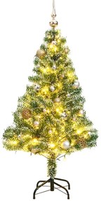 műkarácsonyfa 150 LED-del, gömbszettel és hópehellyel 120 cm