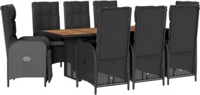 vidaXL 9 részes fekete polyrattan kerti étkezőgarnitúra párnákkal