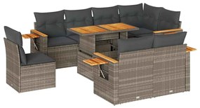 vidaXL 9 részes szürke polyrattan akácfa kerti ülőgarnitúra párnákkal