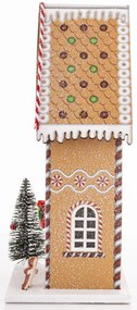 LED-es karácsonyi lámpás mézeskalács jellegű emeletes házikó ünnei díszítéssel fenyőfával asztali dekoráció 22x11x9cm