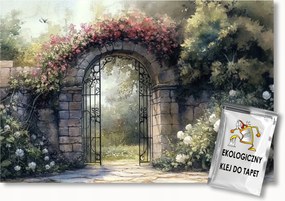 Fotótapéta Flizelina Tájkép Fal Kapu Kiskapu Kert Virágok 416x290 ragasztó