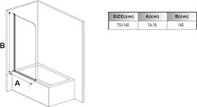 Stuxi Ravenna 75x140 kihajtható 1 szárnyú kádparaván 6 mm vastag vízlepergető biztonsági üveggel, krómozott elemekkel