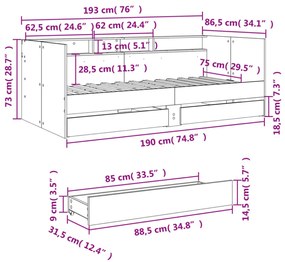 füstös tölgy kanapéágy fiókkal matrac nélkül 75x190 cm