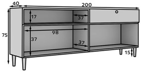 Komód szekrényekkel és fiókkal DULLUM 200x75cm, fehér