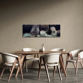 Kép - Viharos hullámokon áthajózó hajó (órával) (90x30 cm)