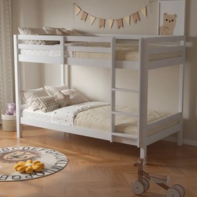 Emeletes ágy, 90x200, tömör fa, fehér, INEZA