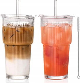 2 db 600 ml-es bordázott üvegpohár fedővel és szívószállal