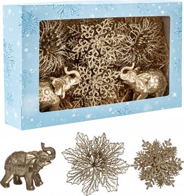 Arany karácsonyfadísz szett karácsonyfadísz hópehely elefánt virág