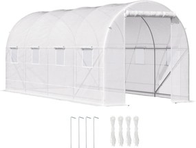 Outsunny Kerti Alagút Üvegház 8 Ablakkal és Felhúzható Ajtóval, Fém Váz és Poliészter Borítással, 5x2x2m, Fehér | Aosom