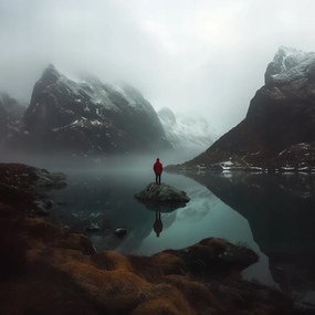 Vászonkép Canvas Norvégia Hegyek Fjord Tél Ember Magány 40x40