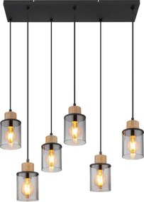 Globo 15707-6H Függeszték : matt fekete fém, sötétbarna fa, füstszínű üveg, fekete PVC kábel, HxSzxM.: 620x180x1200mm, nem tartozék: 6x E27 15W 230V