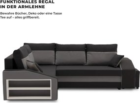 Grande sarokkanapé polcokkal és puffokkal , polc a bal karfaban puffok a jobb karfaban, baloldali, szövet anyag, hab töltet, fekete - szürke