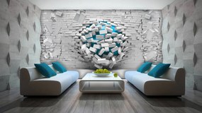 Fotótapéta - 3D kék golyó és fehér téglafal (152,5x104 cm)