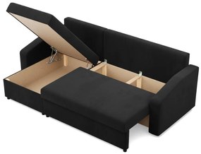 Zeus sarokkanapé, 2 ágyneműtartóval, döntött kartámasz, szövet anyag, univerzális oldal, hab töltet, fekete