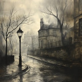 Vászonkép Canvas Ködös London Viktoriánus Utca Világítótornyok 80x80