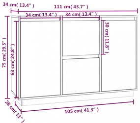 fekete tömör fenyőfa tálalószekrény 111 x 34 x 75 cm