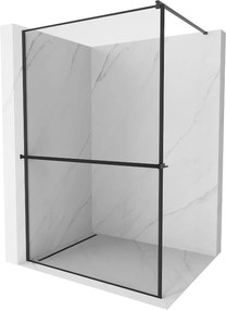 Mexen Kioto +, zuhany paraván polccal és törülközőtartóval 110 x 200 cm, 8mm üveg átlátszó üvegmintás fekete keret, fekete profil, 800-110-121-70-70