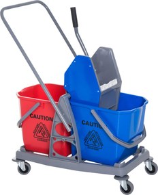HOMCOM Tisztítókocsi Takarító Kocsi Mop Kocsi 2 Vödrös Rendszerrel 4 Simán Forgó Kerekével Fém+PP Kék+Piros 73 × 45 × 92 cm | Aosom
