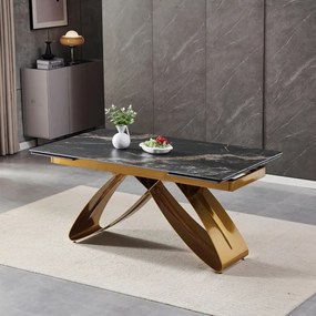 Fekete/Arany Márványhatású Bővíthető Kerámia Asztal Arany Lábbal. LUIGI 160-240 cm