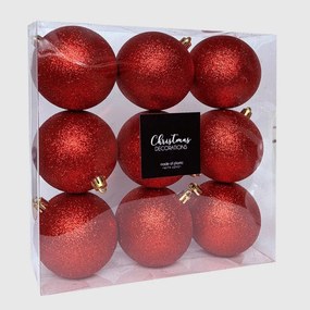 Piros glitteres műanyag karácsonyi gömb szett 8 cm 9 db