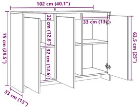 kézműves tölgy színű szerelt fa tálalószekrény 102 x 33 x 75 cm