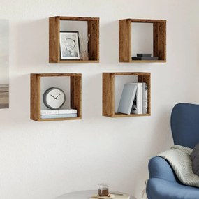 4 db antik fa színű szerelt fa fali kockapolc 30x15x30 cm