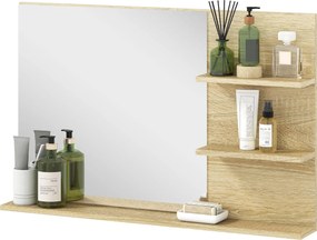 Kleankin Modern Fürdőszobai Tükör 2 Oldalsó Polccal és Alsó Polccal, Fali Tükör MDF-ből és Üvegből, 75x10x48 cm, Fa szín | Aosom