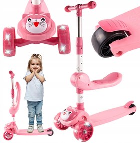 Világító LED-es 3 kerekes álló-ülő roller, gyerekeknek, rózsaszín cicás