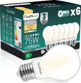 6x Led Izzó E27 Filament A Osztály 4,9W 1055LM 75W 2700K 360° Lumiled