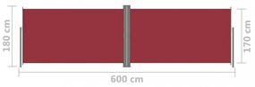 piros behúzható oldalsó napellenző 180 x 600 cm