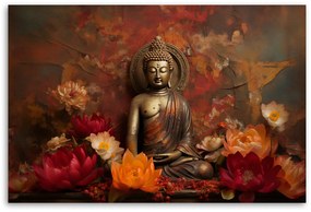 Gario Vászonkép Meditáló Buddha szobor és színes virágok Méret: 100 x 70 cm
