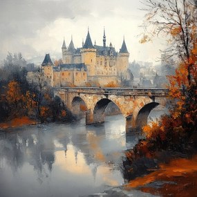 Vászonkép Canvas Tájkép Építészet Kastély Híd Folyó Ősz 80x80