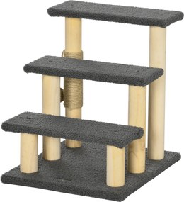 PawHut 3-Lépcsős Macska Lépcső, 48 cm Macska Lépcső Zsindelyoszlopal, Kutyás Lépcső Játszóballal, Belépési Segédeszköz Magas Ágyakhoz, Fenyőfa, Szürke