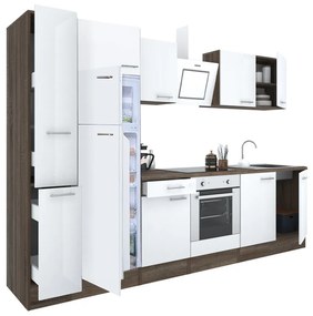 Yorki 300 konyhablokk yorki tölgy korpusz,selyemfényű fehér front alsó sütős elemmel felülfagyasztós hűtős szekrénnyel